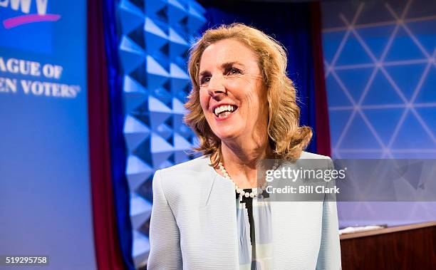 Katie McGinty leaves the set following the Senate Democrats primary debate with former Rep. Joe Sestak and Braddock, Pa., Mayor John Fetterman at...