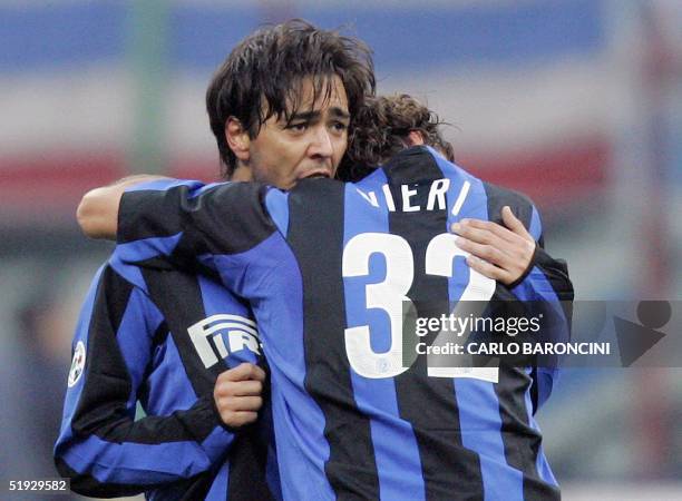 Inter Milan's Urugayan forward Alvaro Recoba is congratulated by teammate Christian Vieiri after he scored the winning goal against Sampdoria, during...