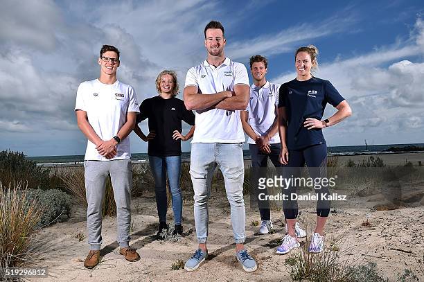 Mitch Larkin, Jessica Ashwood, James Magnussen, Thomas Fraser-Holmes and Emily Seebohm pose for a photo during the Arena Powerskin Carbon-Ultra...
