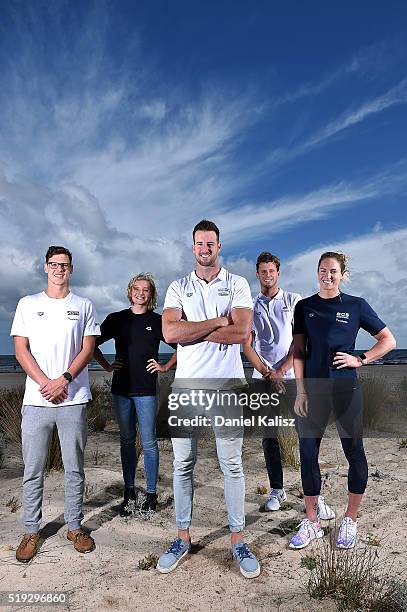 Mitch Larkin, Jessica Ashwood, James Magnussen, Thomas Fraser-Holmes and Emily Seebohm pose for a photo during the Arena Powerskin Carbon-Ultra...