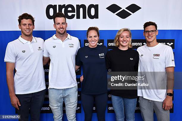 Thomas Fraser-Holmes, James Magnussen, Emily Seebohm, Jessica Ashwood and Mitch Larkin pose for a photo during the Arena Powerskin Carbon-Ultra...