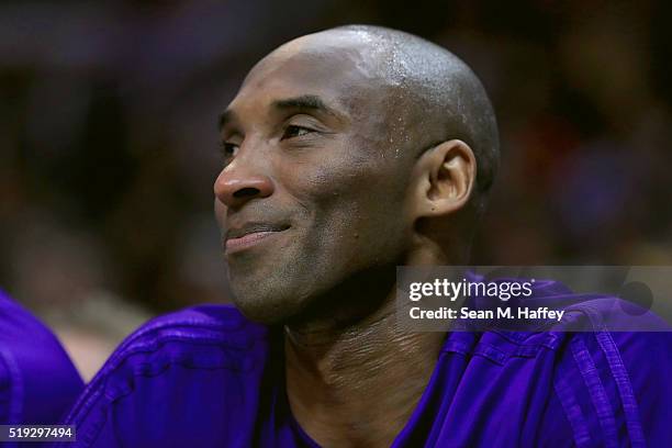 Kobe Bryant of the Los Angeles Lakers looks on during the first half of an NBA game against the Los Angeles Clippers on April 5, 2016 at Staples...