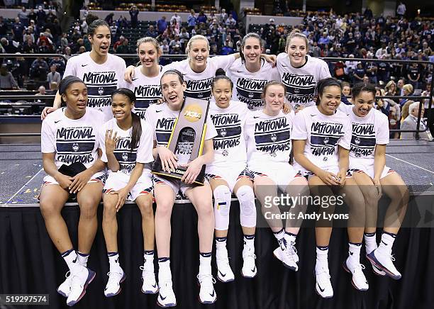 The Connecticut Huskies celebrate with the trophy following their 82-51 victory over the Syracuse Orange to win the 2016 NCAA Women's Final Four...