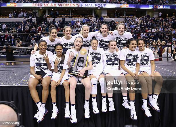 The Connecticut Huskies celebrate with the trophy following their 82-51 victory over the Syracuse Orange to win the 2016 NCAA Women's Final Four...