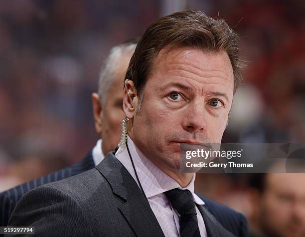 Martin Gelinas of the Calgary Flames mans the bench against the Los Angeles King at Scotiabank Saddledome on April 5, 2016 in Calgary, Alberta,...