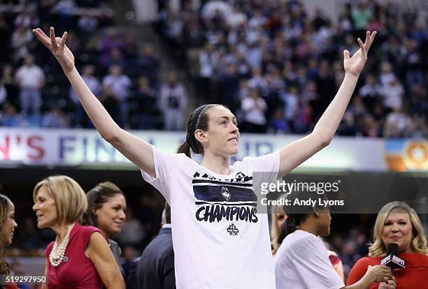 Breanna Stewart of the Connecticut Huskies reacts during the trophy presentation after they defeated Syracuse Orange to win the championship game of...