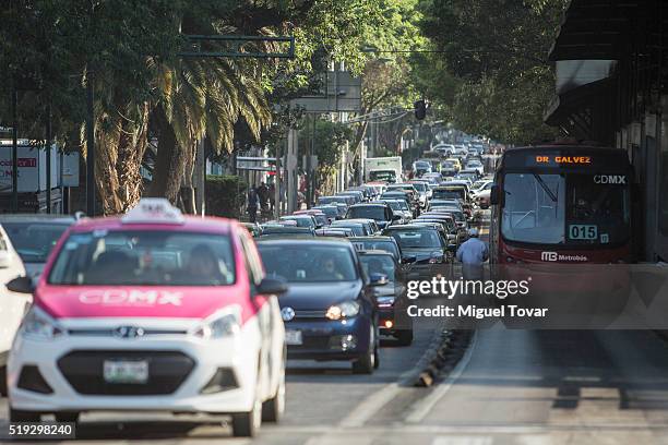 Dozens of cars stuck in a traffic jam on April 5, 2016. In Mexico City, Mexico. Authorities have declared a pollution alert after smog rose to one...