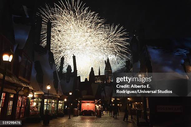 Wizarding World of Harry Potter Attraction Opening -- Pictured: View of fireworks behind the Hogwarts castle at the opening of the 'Wizarding World...