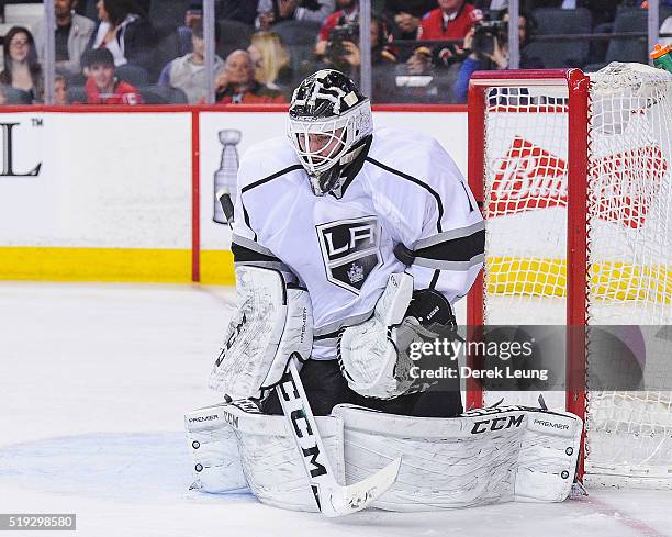 Jhonas Enroth of the Los Angeles Kings in action against the Calgary Flames during an NHL game at Scotiabank Saddledome on April 5, 2016 in Calgary,...