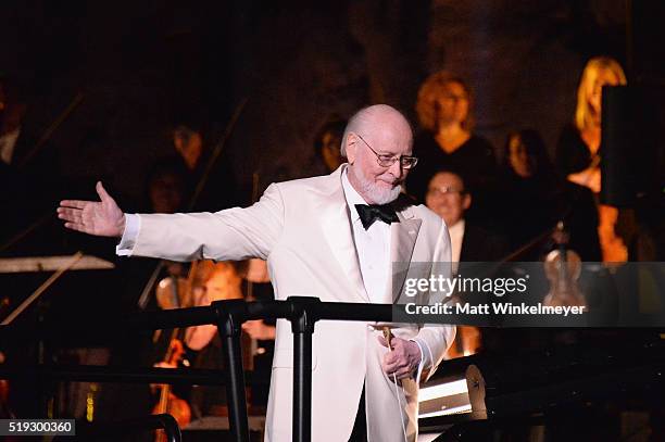 Composer John Williams performs during Universal Studios' "Wizarding World of Harry Potter Opening" at Universal Studios Hollywood on April 5, 2016...