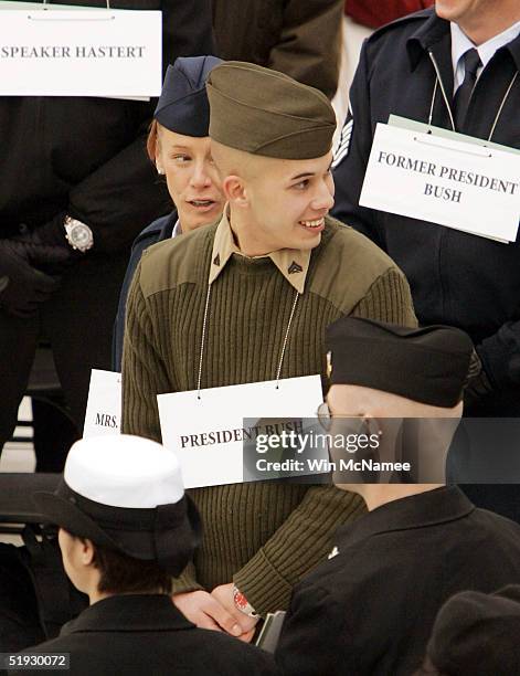 Cpl. Mathew Armendariz plays the part of U.S. President George W. Bush during a rehearsal for the presidential inauguration at the U.S. Capitol...