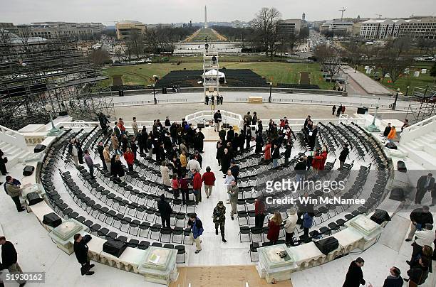 Rehearsal for the presidential inauguration takes place on the west front of the U.S. Capitol January 9, 2005 in Washington, DC. The inauguration is...