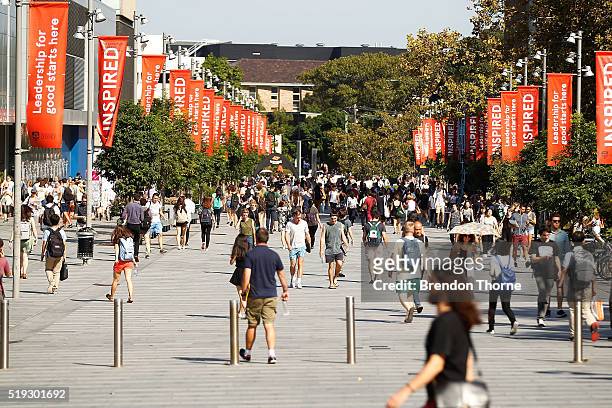 Students walk around Sydney University on April 6, 2016 in Sydney, Australia. Federal Education Minister Simon Birmingham confirming the Government...