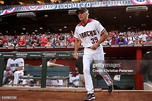 First base coach Dave McKay of the Arizona Diamondbacks is introduced to the MLB opening day game against the Colorado Rockies at Chase Field on...