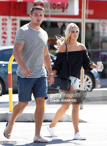 South Sydney Rabbitohs NRL player Sam Burgess and wife Phoebe Hooke are seen in Bondi on April 6, 2016 in Sydney, Australia.