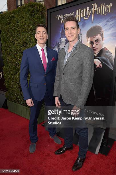 Wizarding World of Harry Potter Attraction Opening -- Pictured: Actors Oliver Phelps and James Phelps arrive at the opening of the 'Wizarding World...