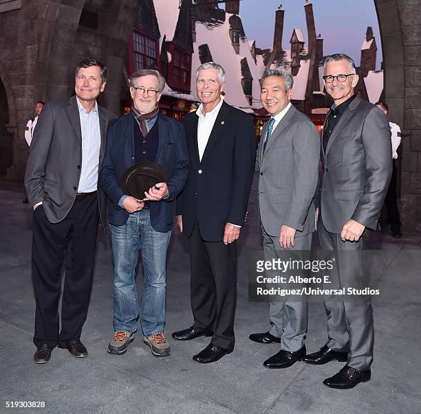 Wizarding World of Harry Potter Attraction Opening -- Pictured: Steve Burke, director Steven Spielberg, chairman and CEO, Universal Parks and...