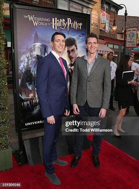 Oliver Phelps and James Phelps attend the Opening Of "The Wizarding World Of Harry Potter" at Universal Studios Hollywood on April 5, 2016 in...