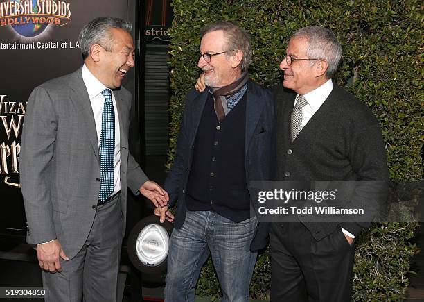 Warner Bros. Chairman and CEO Kevin Tsujihara, Steven Spielberg and NBC Universal Vice Chairman Ron Meyer attend the the Opening Of "The Wizarding...