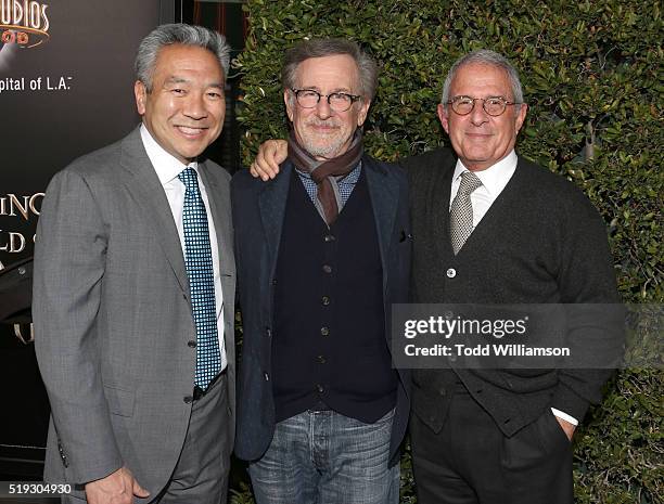 Warner Bros. Chairman and CEO Kevin Tsujihara, Steven Spielberg and NBC Universal Vice Chairman Ron Meyer attend the the Opening Of "The Wizarding...