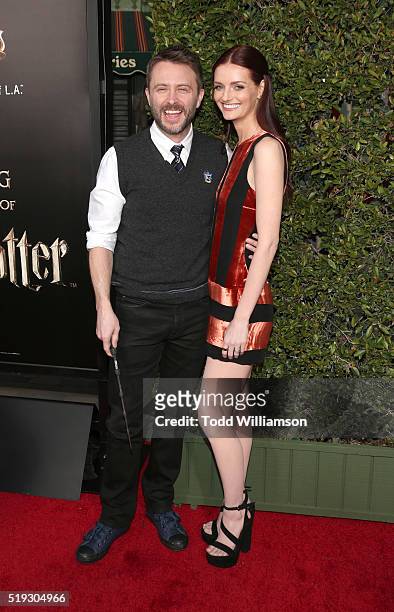 Chris Hardwick and Lydia Hearst attend the Opening Of "The Wizarding World Of Harry Potter" at Universal Studios Hollywood on April 5, 2016 in...