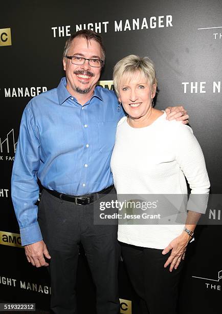 Writer Vince Gilligan and Holly Rice attend the premiere of AMC's "The Night Manager" at DGA Theater on April 5, 2016 in Los Angeles, California.
