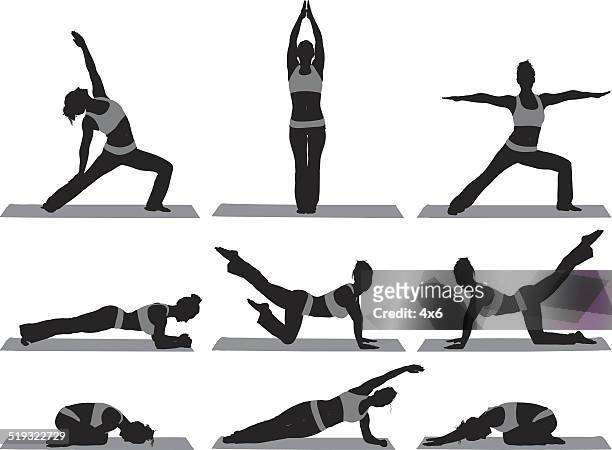 various poses of yoga trainer - woman beauty body care stock illustrations