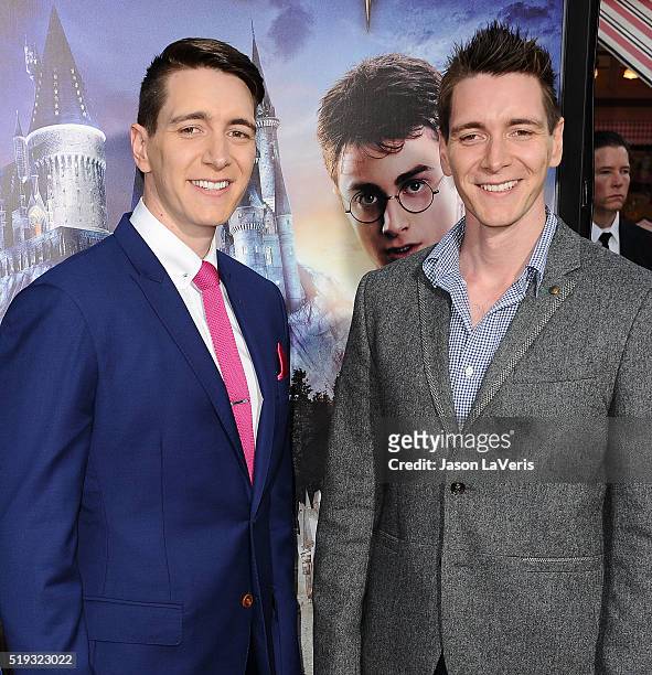 Actors Oliver Phelps and James Phelps attend the opening of "The Wizarding World of Harry Potter" at Universal Studios Hollywood on April 5, 2016 in...