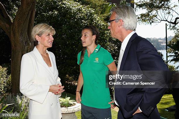 Minister for Foreign Affairs Julie Bishop talks with Australian womens footballer, Chloe Logarzo and Football Australia CEO David Gallop during the...