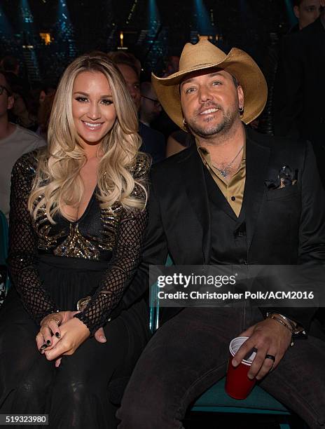 Brittany Kerr and recording artist Jason Aldean pose in the audience at the 51st Academy of Country Music Awards at MGM Grand Garden Arena on April...