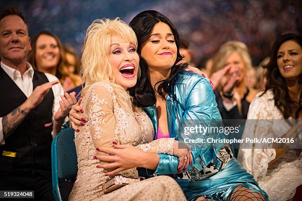 Singer-songwriters Dolly Parton and Katy Perry attend the 51st Academy of Country Music Awards at MGM Grand Garden Arena on April 3, 2016 in Las...