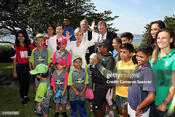 Minister for Foreign Affairs Julie Bishop poses with young athletes during the launch of the Asian Sports Partnership Program Launch at Kirribilli...