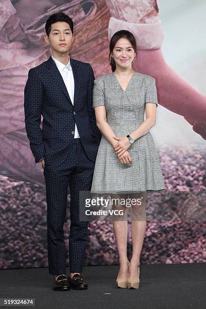 Actor Song Joong-ki and actress Song Hye-kyo attend television drama 'Descendants of the Sun' press conference on April 5, 2016 in Hong Kong, Hong...