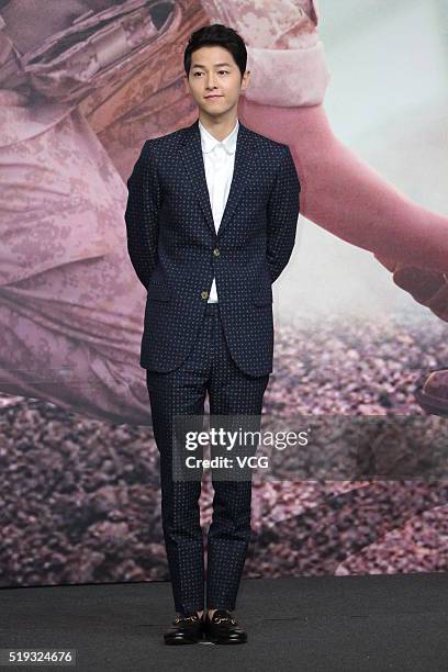 Actor Song Joong-ki attends television drama 'Descendants of the Sun' press conference on April 5, 2016 in Hong Kong, Hong Kong.