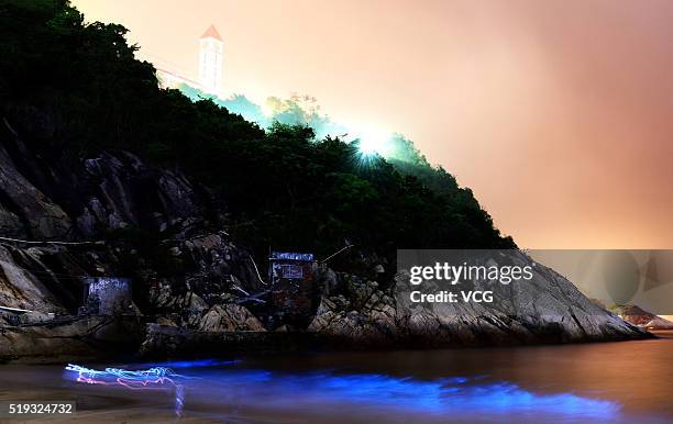 The noctiluca scintillans glows at Dapeng bay on April 5, 2016 in Shenzhen, Guangdong Province of China. The noctiluca scintillans could glow blue...