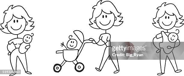 mom stick figure - pushchair stock illustrations