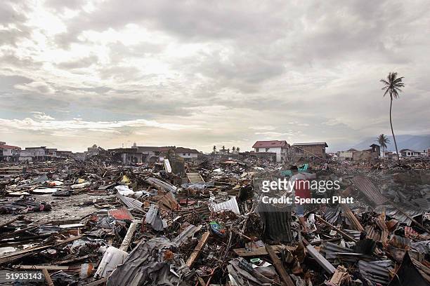 Man walks across destroyed buildings January 10, 2005 in Banda Aceh, Indonesia. The province of Aceh, one of the worst hit regions in the December...