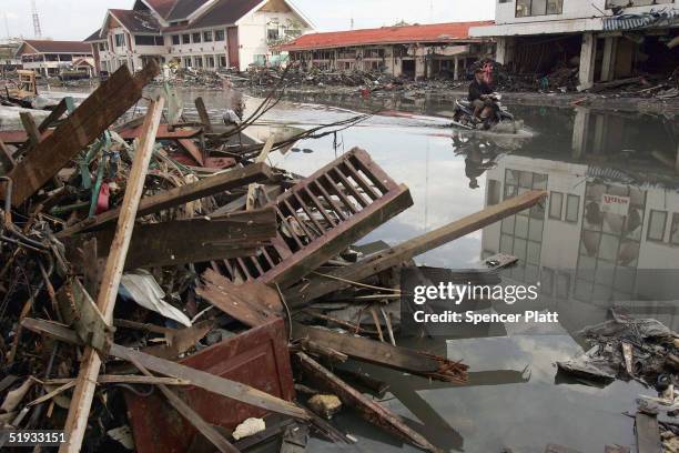 Scooter drives down a flooded street January 10, 2005 in Banda Aceh, Indonesia. The province of Aceh, one of the worst hit regions in the December...