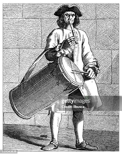 antique illustration of people and jobs from paris: drummer - street musician stock illustrations