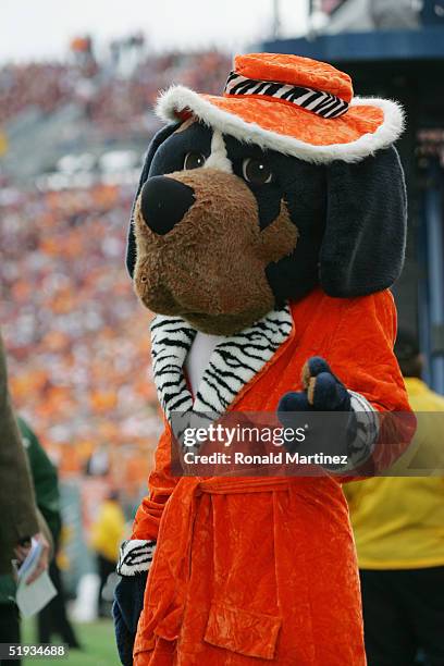 The Tennessee Volunteers mascot stands on the sideline during the game against the Texas A&M Aggies in the SBC Cotton Bowl on January 1, 2005 at the...