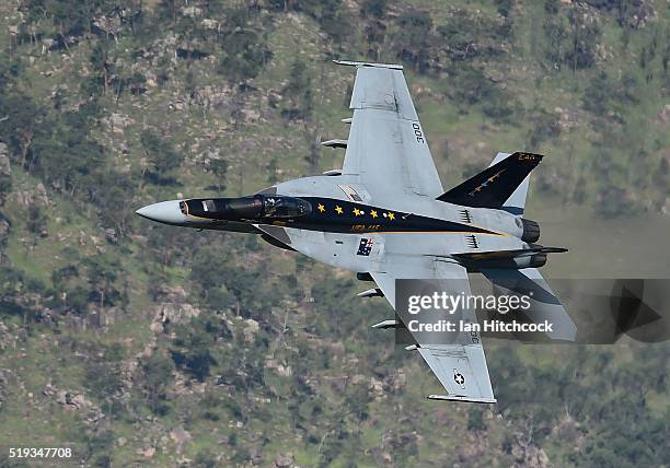 An F/A 18E Super Hornet from the United States Navy fighter squadron VFA-115 conducts a fly-by after concluding a bombing and strafing run on April...