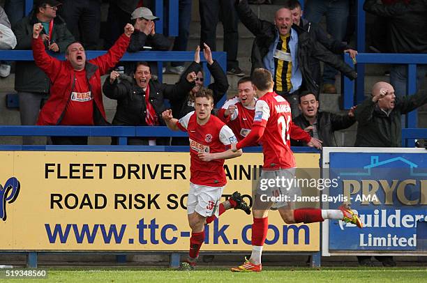 Jamie Vardy of Fleetwood Town celebrates after scoring a goal to make it 1-3 during the Blue Square Bet Premier match between AFC Telford United and...