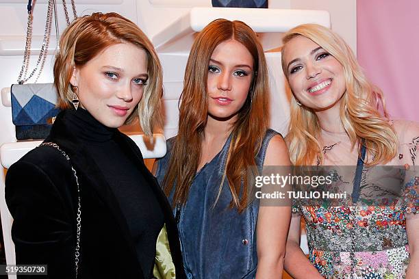 At the evening gala of the new collection Prismick Demin Camille Seydoux for Roger Vivier, Lea Seydoux, Adele Exarchopoulos and Camille Seydoux are...