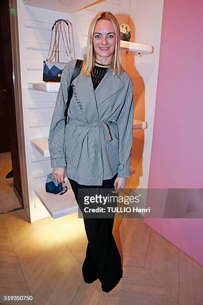 At the evening gala of the new collection Prismick Demin Camille Seydoux for Roger Vivier, Virginie Courtin-Clarins is Photographed for Paris Match...