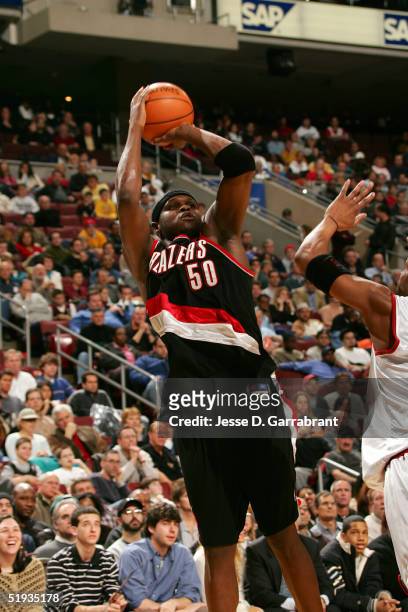 Zach Randolph of the Portland Trail Blazers shoots against the defense of the Philadelphia 76ers on January 10, 2005 at the Wachovia Center in...