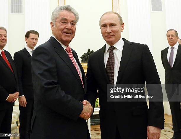 Russian President Vladimir Putin greets Austrian President Heinz Fischer during their meeting at the Kremlin, April 2016 in Moscow Russia.