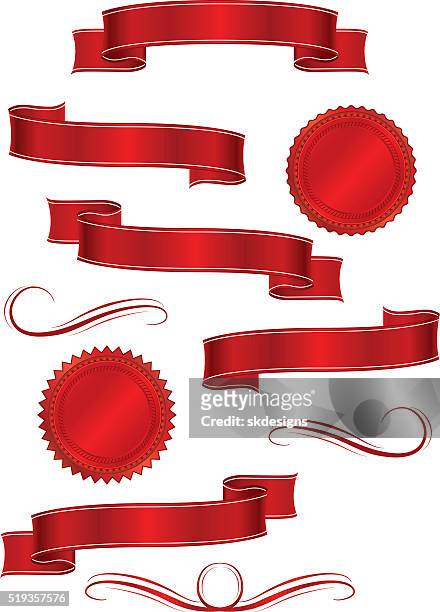 illustrazioni stock, clip art, cartoni animati e icone di tendenza di rosso lucido raso metallizzato banner, set di nastri - ribbon