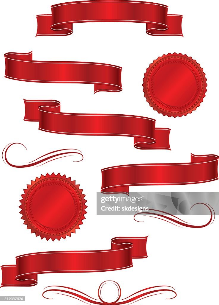 Shiny Red Metallic Satin Banners, Ribbons Set