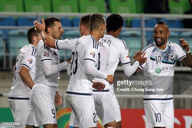 Kosta Barbarouses of Melbourne Victory celebrates as he scores their first goal during the AFC Champions League Group G match between the Suwon...