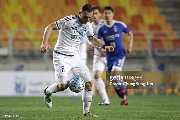 Besart Berisha of Melbourne Victory controls the ball during the AFC Champions League Group G match between the Suwon Samsung Bluewings FC and...